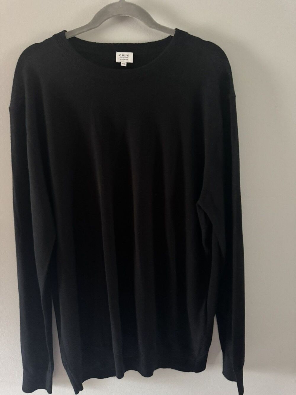 Celio Sweater Mens XXL Black 100% Merino Wool Lightweight Crewneck Pullover